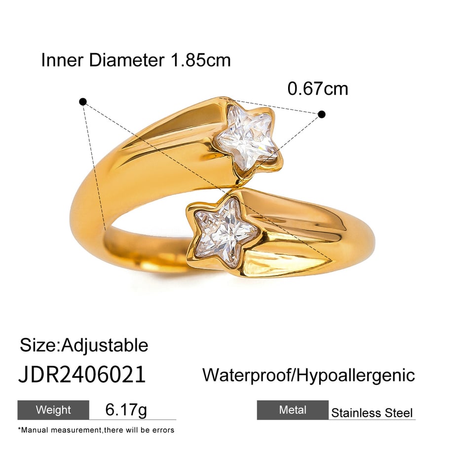 1 Pair Simple Series ins style Pentagram Stainless Steel 18K Gold Plated Rhinestone Women Adjustable Rings Picture2