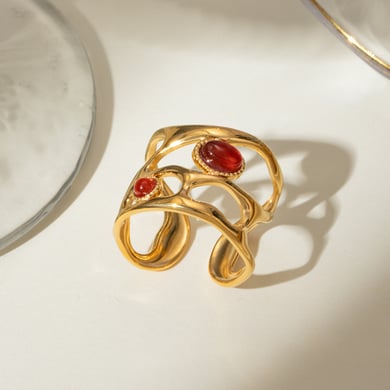 1 Paar Klassische Serie Retro Geometrische Edelstahl 18K Vergoldet Künstliche Edelsteine Verstellbare Ringe Für Frauen h5 