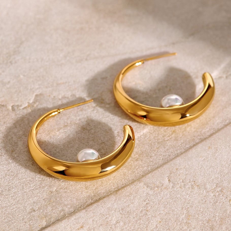 1 Pair Simple Series Elegant Geometric Stainless Steel 18K Gold Plated Artificial Pearl Women Hoop Earrings 