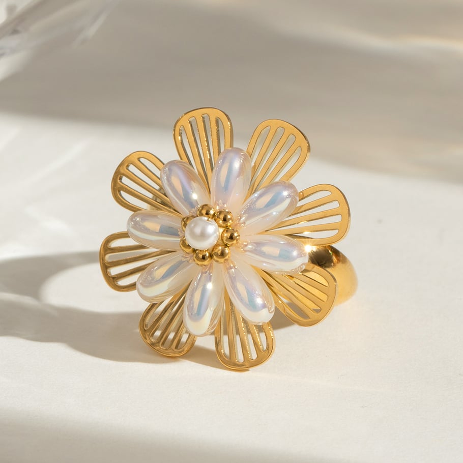 1 Pair Classic Series Retro Flower Stainless Steel 18K Gold Plated Artificial Pearl Women Adjustable Rings 
