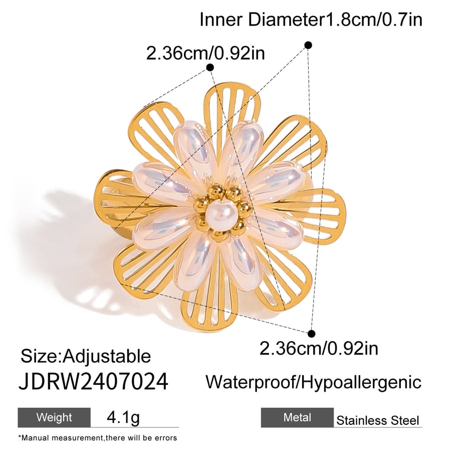 1 Pair Classic Series Retro Flower Stainless Steel 18K Gold Plated Artificial Pearl Women Adjustable Rings Picture2