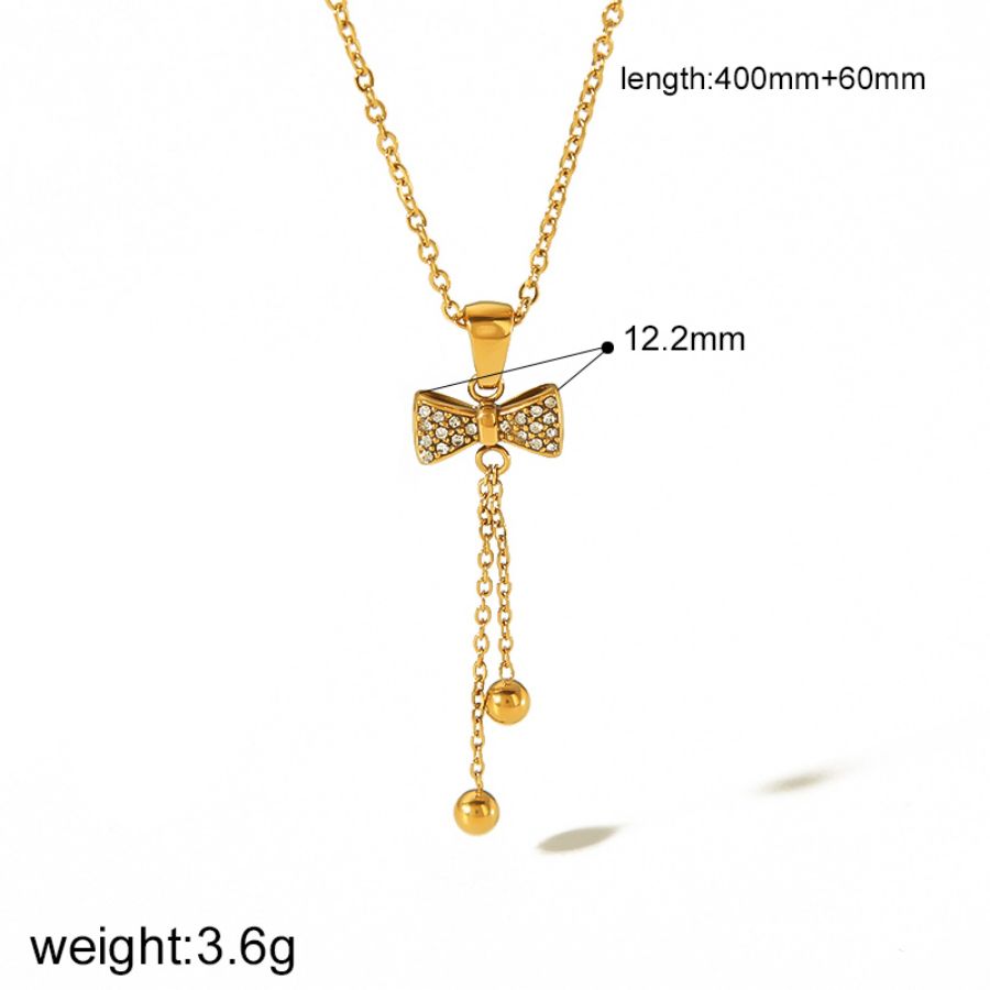 1 piece of exquisite and fashionable 18k gold-plated stainless steel full diamond bow pendant necklace for women's daily wear Picture2