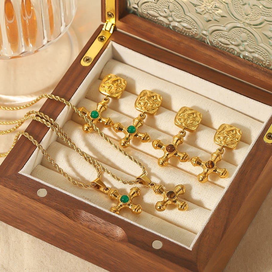 1 Pair Simple Series Retro Cross 18K Gold Plated Artificial Gemstone Women Earrings Set 