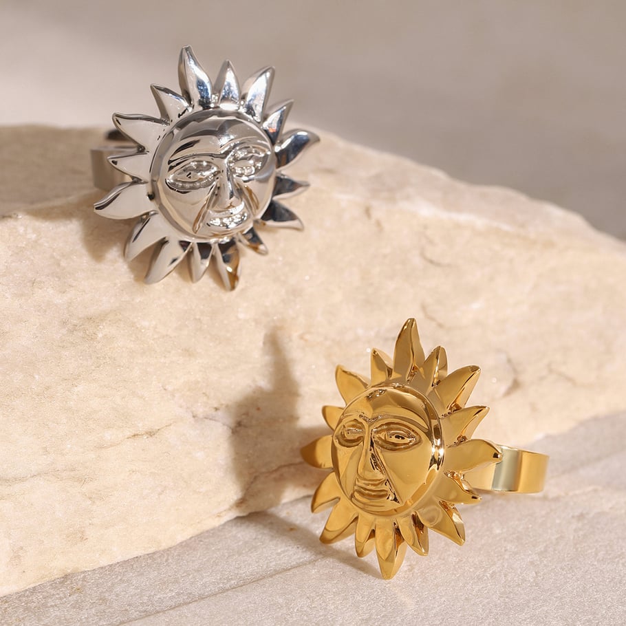 1 Pair Simple Series Retro Sun/Moon Stainless Steel 18K Gold Plated Women Adjustable Rings 