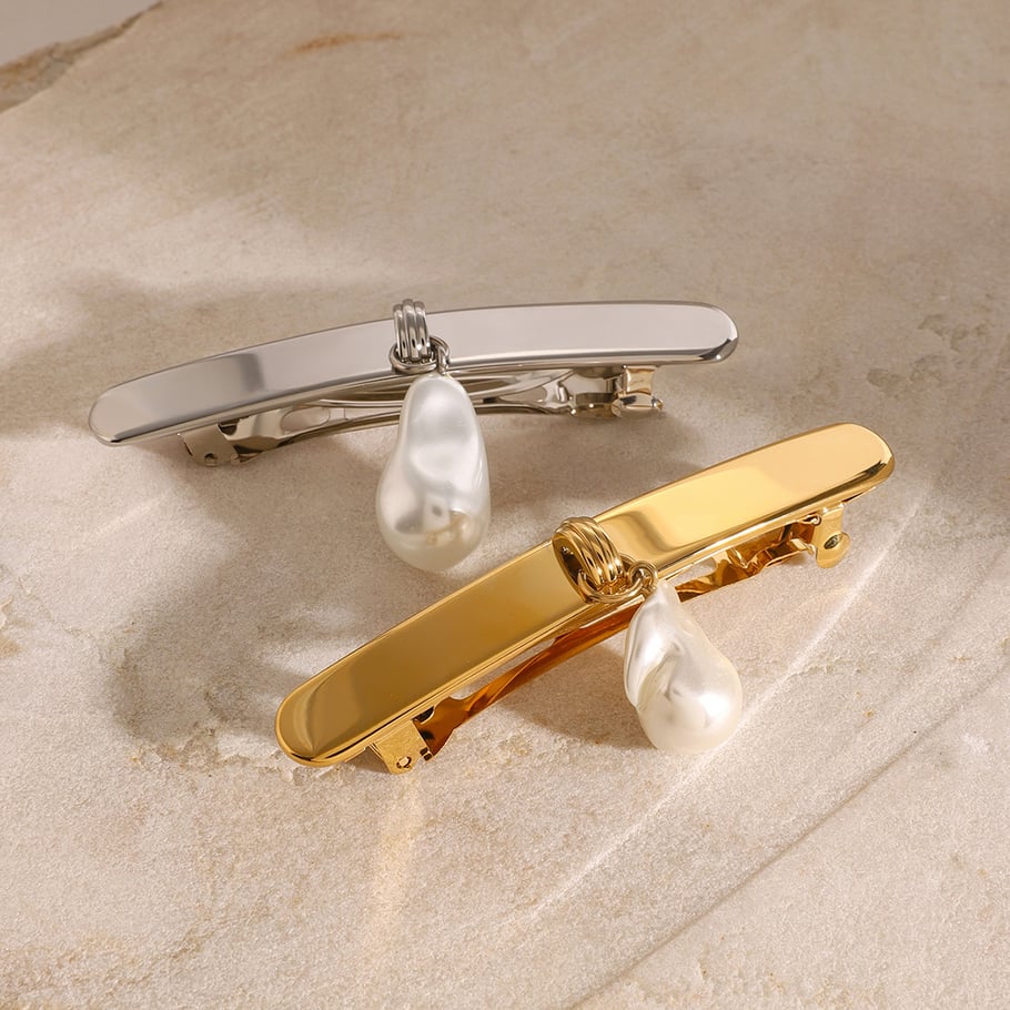 1 Pair Simple Series Retro Solid Color Stainless Steel 18K Gold Plated Artificial Pearl Women Hair Clips 