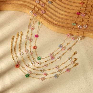 1 piece of fashionable and exquisite 18k gold-plated stainless steel colorful small flower pearl chain necklace for women's jewelry for daily wear h5 