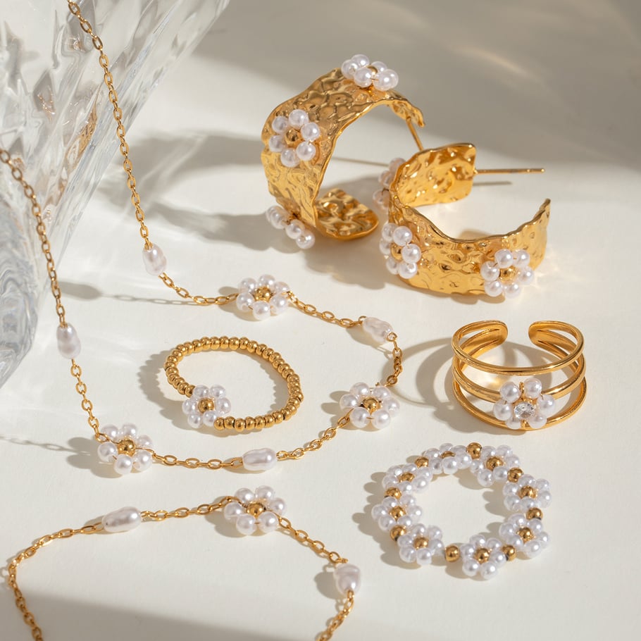 Bracciale da donna in acciaio inossidabile placcato Colore oro  con perle artificiali, serie romantica, 1 pezzo, dolce fiore Immagine2