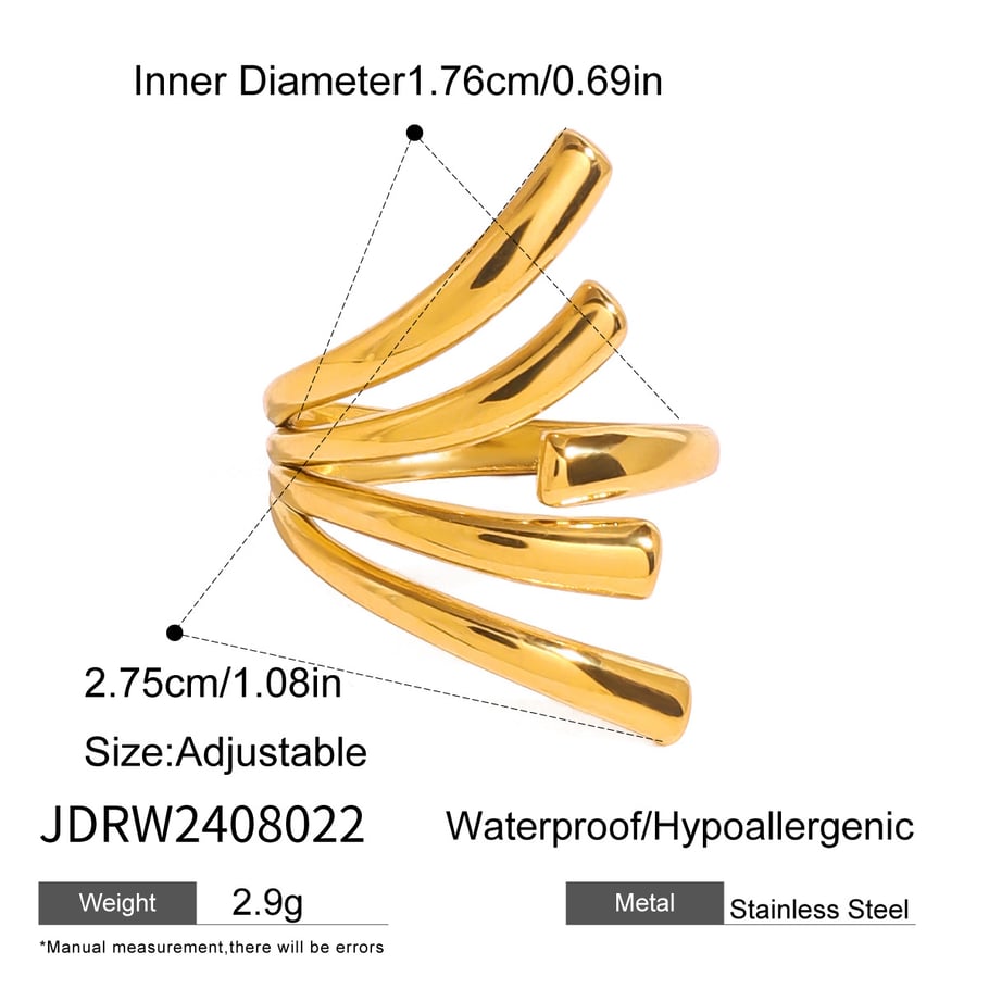1 Piece Simple Fashionable Style Irregular Line Shape Stainless Steel 18K Gold Plated Women's Adjustable Ring Picture2