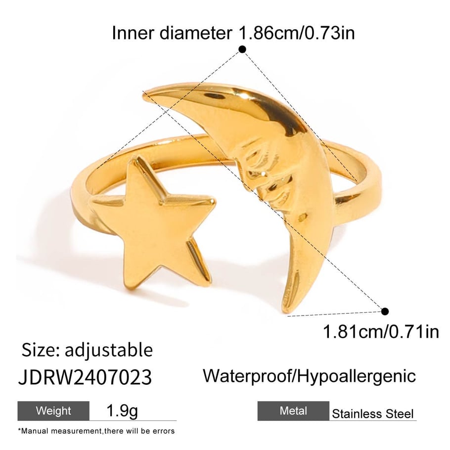 1 Piece Simple Casual Style Moon and Pentagram Shape Stainless Steel 18K Gold Plated Women's Adjustable Ring Picture2