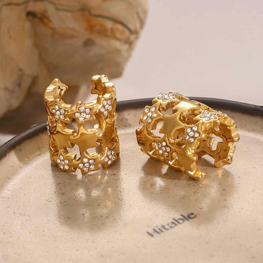 1 Paar Klassische Serie Retro Pentagramm Edelstahl 18K vergoldet Strass Damen Clip-on Ohrringe 