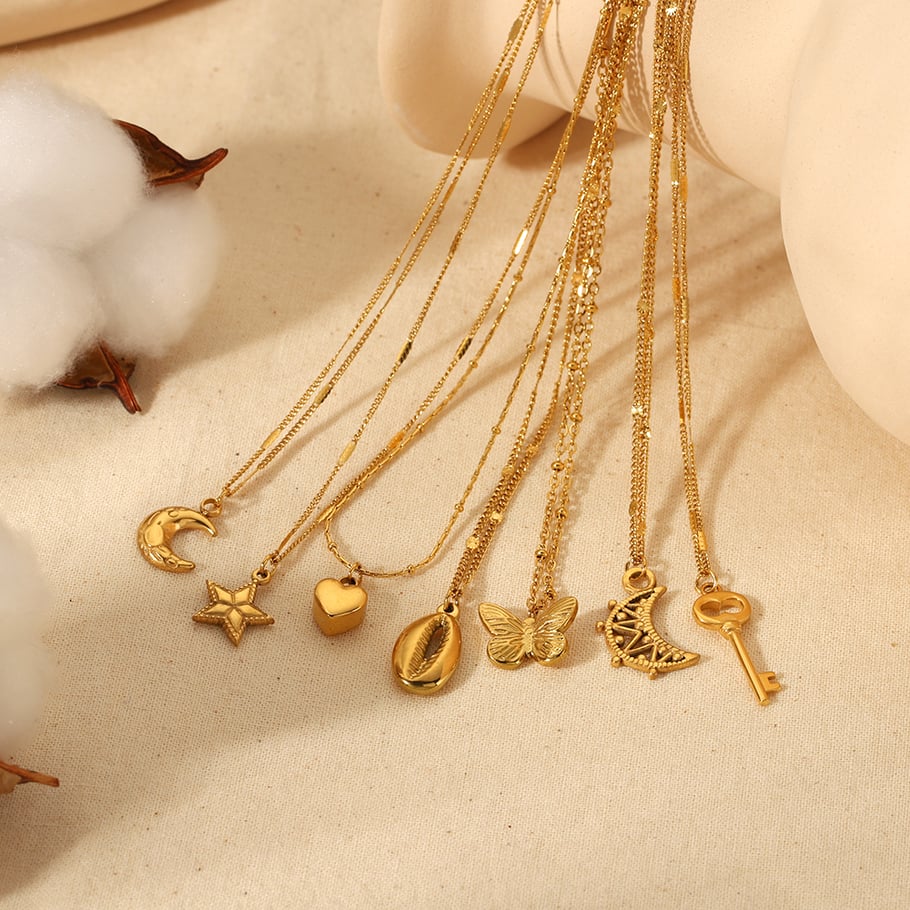 1 Stück klassische Mode 18 Karat vergoldet Edelstahl geometrische Muschel Mond Schmetterling Anhänger Halskette Damen Schmuck Alltagskleidung 
