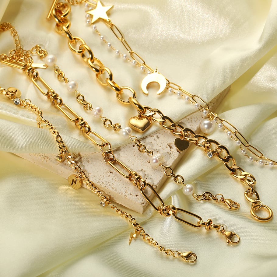 1 Piece Simple Series Sweet Heart Stainless Steel 18K Gold Plated Artificial Pearl Women Charm Bracelets 
