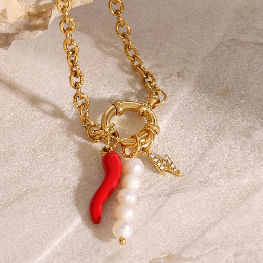 1 Piece Simple Casual Style Chili Pepper Shape Stainless Steel 18K Gold Plated Inlay Artificial Pearl Women's Charm Bracelet 