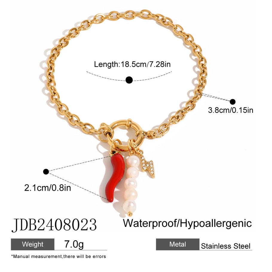 1 Piece Simple Casual Style Chili Pepper Shape Stainless Steel 18K Gold Plated Inlay Artificial Pearl Women's Charm Bracelet Picture2
