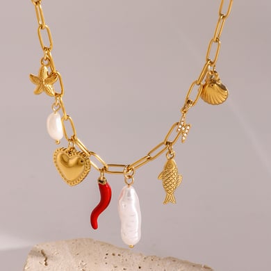 1 Piece Simple Vacation Style Marine Creature Shape Stainless Steel 18K Gold Plated Inlay Artificial Pearl Women's Pendant Necklace h5 