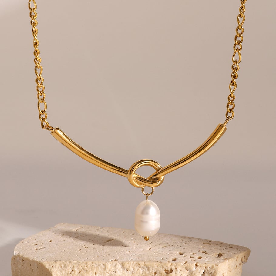 1 Stück Simple Series Elegant Twist Edelstahl 18 Karat vergoldete Kunstperle Damen-Halsketten 