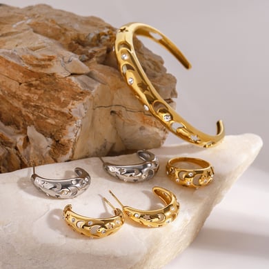 1 Paar Simple Series Casual Sonne/Mond Edelstahl 18 Karat vergoldet Strass Damen Ohrringe Set h5 
