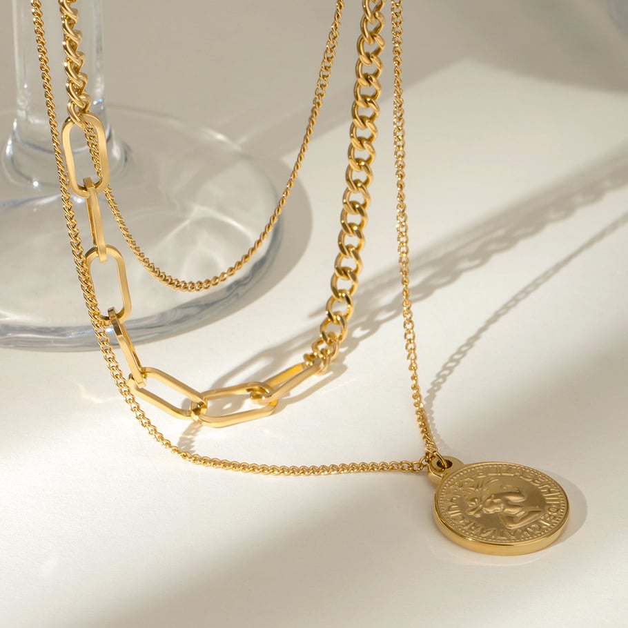 1 Stück Simple Series Klassische gravierte Edelstahl 18 Karat vergoldete Damen-Mehrfachketten 