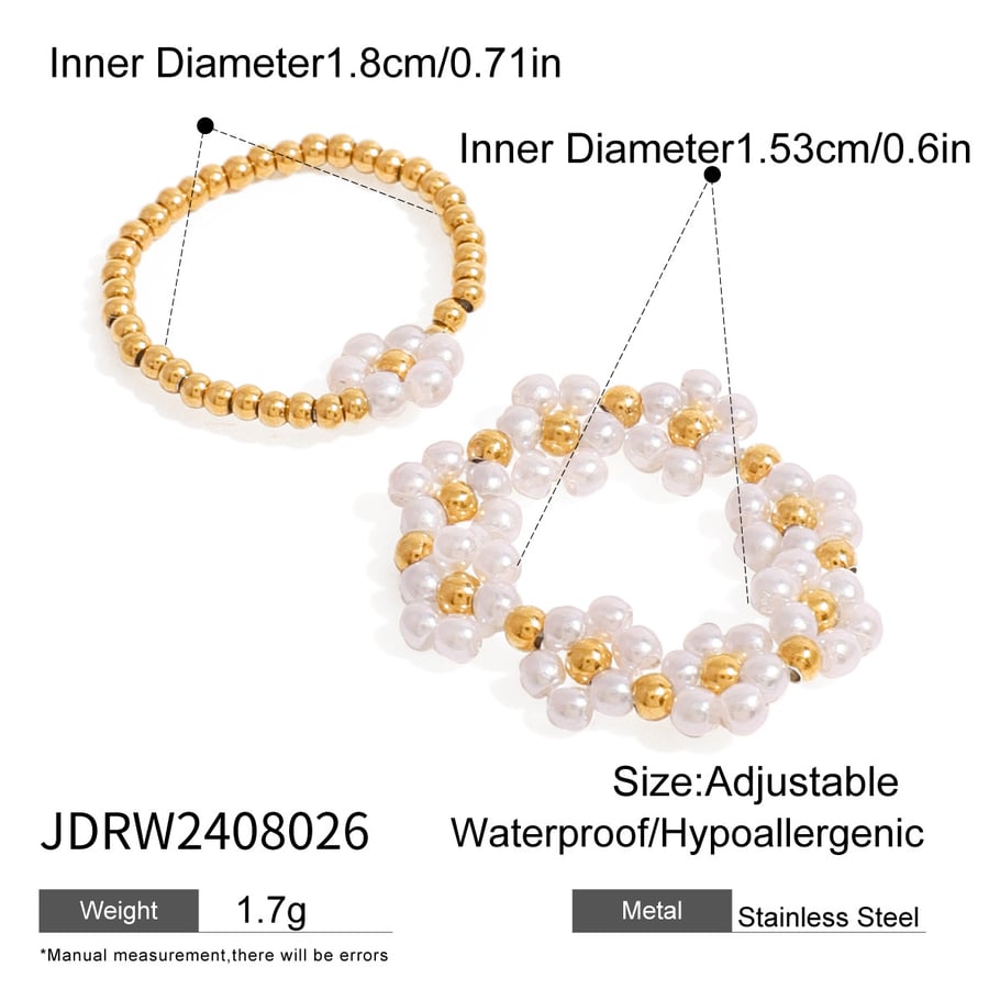 1 Pair Classic Series Elegant Flower Stainless Steel 18K Gold Plated Artificial Pearl Women Adjustable Rings Picture2