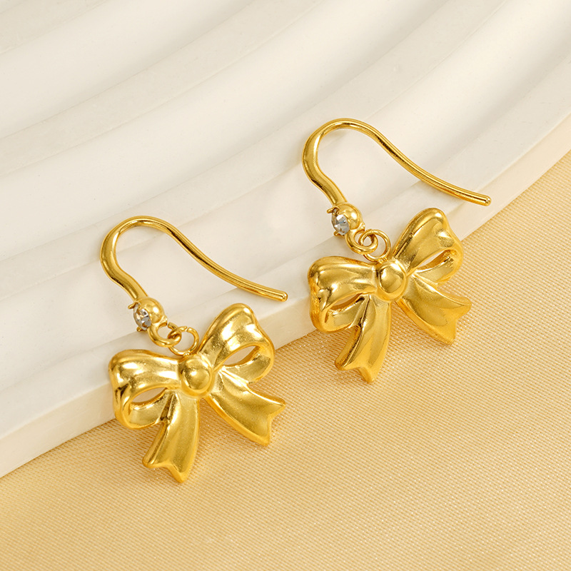 1 Pair Ins Fashionable Style Bowknot Shape Titanium Steel 18K Gold Plated Inlay Artificial Crystal Women's Drop Earrings 