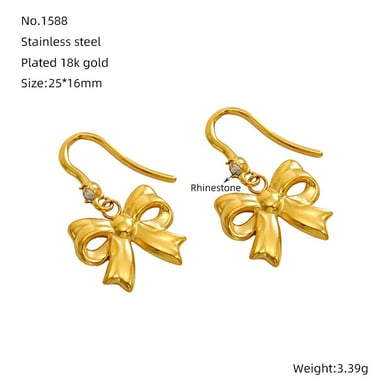 1 Pair Ins Fashionable Style Bowknot Shape Titanium Steel 18K Gold Plated Inlay Artificial Crystal Women's Drop Earrings h5 Picture2