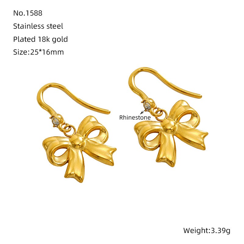 1 Pair Ins Fashionable Style Bowknot Shape Titanium Steel 18K Gold Plated Inlay Artificial Crystal Women's Drop Earrings Picture2
