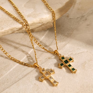 1 Stück Ethnische Serie Klassisches Kreuz Edelstahl 18 Karat vergoldet Zirkon Damen Anhänger Halsketten h5 