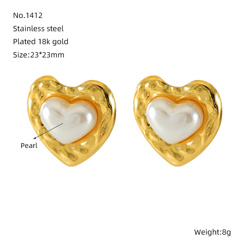 1 Pair Light-Luxury Casual Style Oval Heart Shape Stainless Steel 18K Gold Plated Inlay Artificial Pearl Women's Stud Earrings Picture2