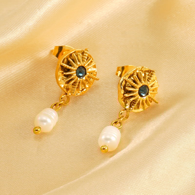 1 Pair Classic Retro Style Astrological Chart Shape Stainless Steel 18K Gold Plated Inlay Pearl Unisex Drop Earrings 