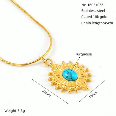 1 piece classic retro style geometric shape stainless steel  gold plated inlay turquoise women's pendant necklace h5 Picture2