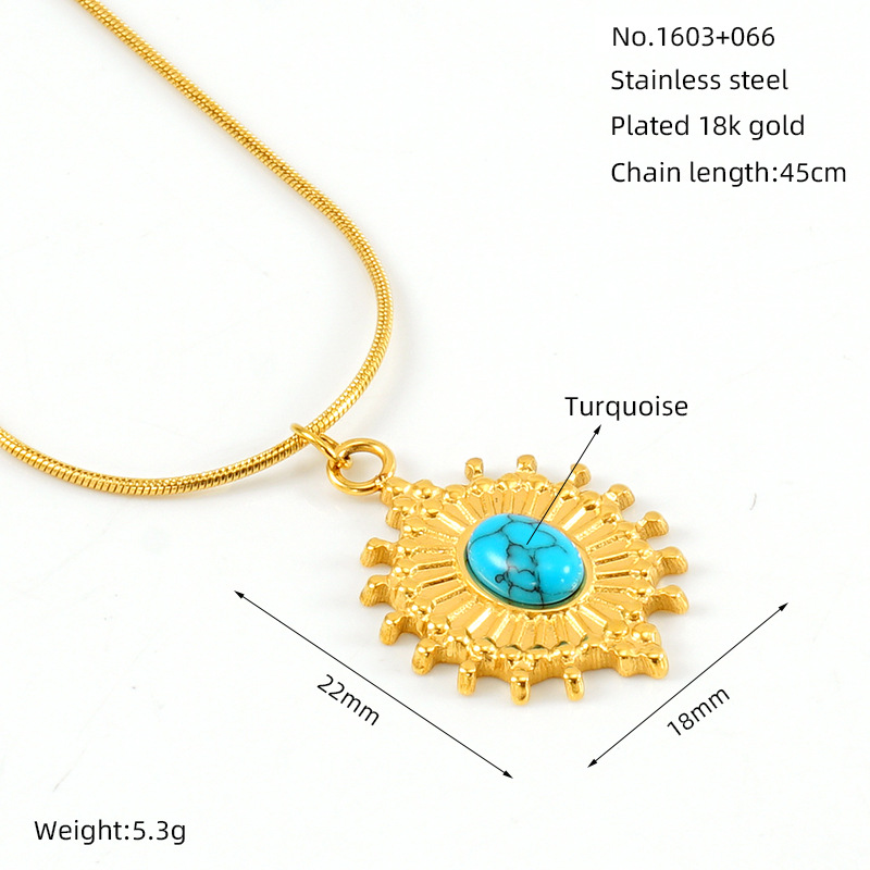 1 piece classic retro style geometric shape stainless steel  gold plated inlay turquoise women's pendant necklace Picture2