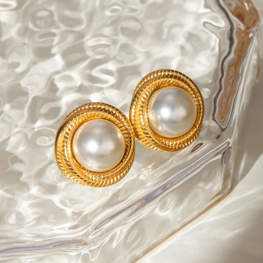 1 Pair Simple Series Retro Geometric Stainless Steel 18K Gold Plated Artificial Pearl Women Stud Earrings 