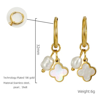 1 Pair Fashionable Simple Style Four-leaf Clover Shape Stainless Steel 18K Gold Plated Inlay Artificial Pearl Women's Drop Earrings h5 Picture2