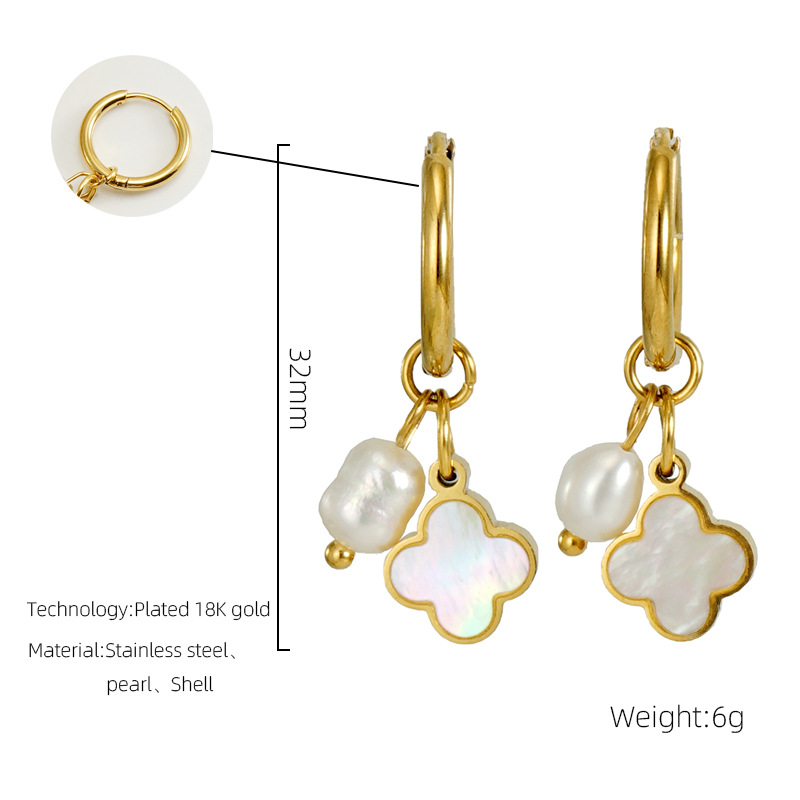 1 Pair Fashionable Simple Style Four-leaf Clover Shape Stainless Steel 18K Gold Plated Inlay Artificial Pearl Women's Drop Earrings Picture2