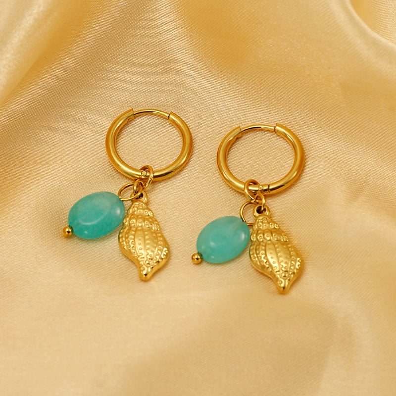 1 Pair Simple Vocation Style Conch Shape Stainless Steel 18K Gold Plated Inlay Natural Stone Women's Drop Earrings 