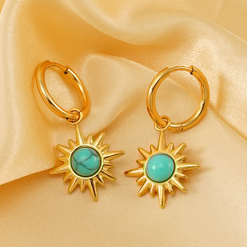 1 Pair Ins Retro Style Eight-pointed Star Shape Stainless Steel 18K Gold Plated Inlay Turquoise Women's Drop Earrings 