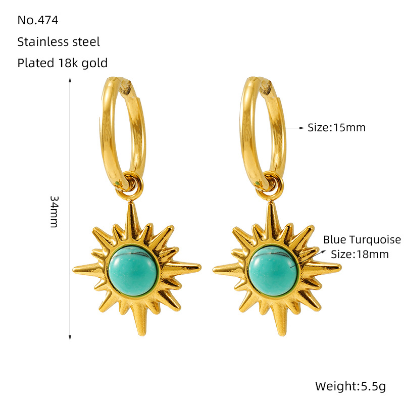 1 Pair Ins Retro Style Eight-pointed Star Shape Stainless Steel 18K Gold Plated Inlay Turquoise Women's Drop Earrings Picture2