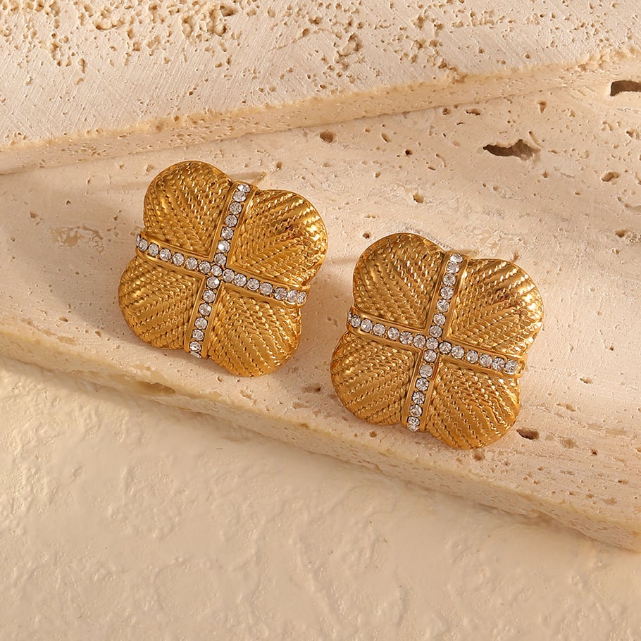 1 Pair Retro quadrilateral 18K Gold Plated Zircon Stud Earrings 