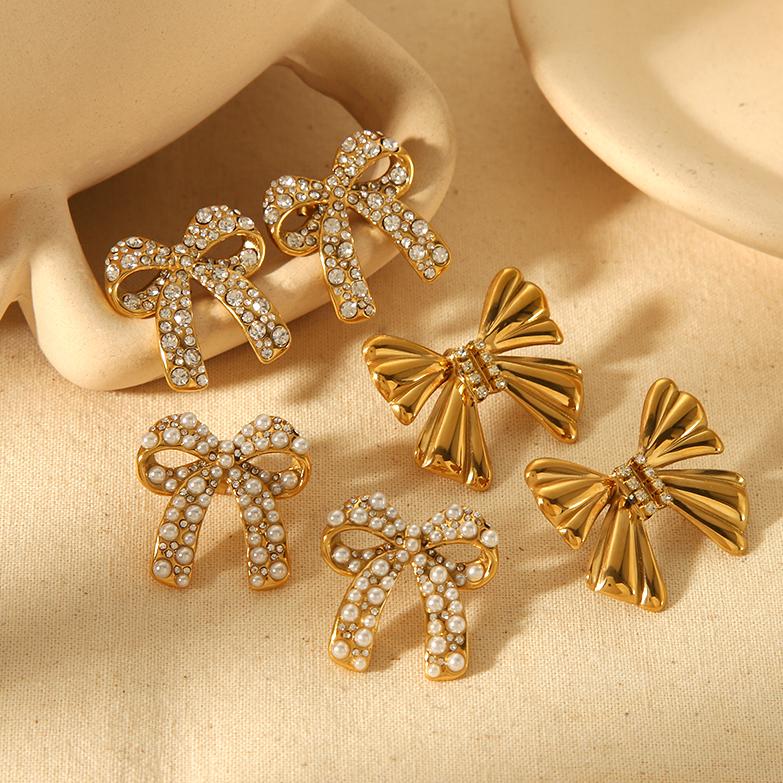 1 Paar Simple Series Sweet Bow Knot Edelstahl 18 Karat vergoldete Kunstperlen Damen Ohrstecker 