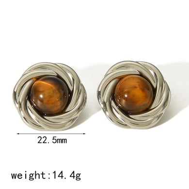1 pair of stylish and elegant  gold-plated stainless steel geometric round inlaid tiger eye stone earrings for women's jewelry for daily wear h5 Picture2
