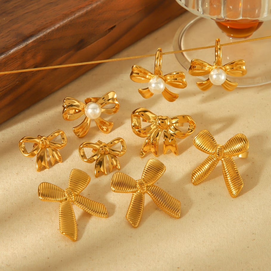 Classic elegant fashion 18k gold-plated stainless steel geometric pearl bow earrings for women's jewelry for daily wear 