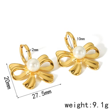 Classic elegant fashion 18k gold-plated stainless steel geometric pearl bow earrings for women's jewelry for daily wear h5 Picture2
