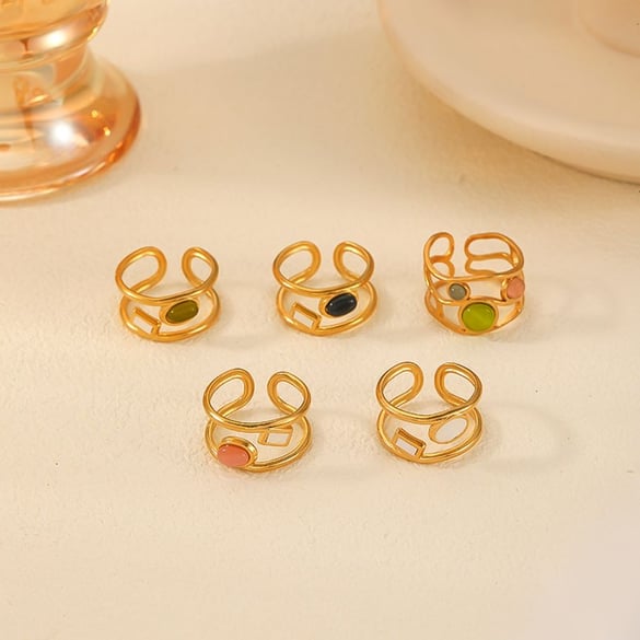 Anillo ajustable para mujer de acero inoxidable chapado en Color dorado de 18 k con incrustaciones de piedras naturales y estilo clásico geométrico de 1 pieza