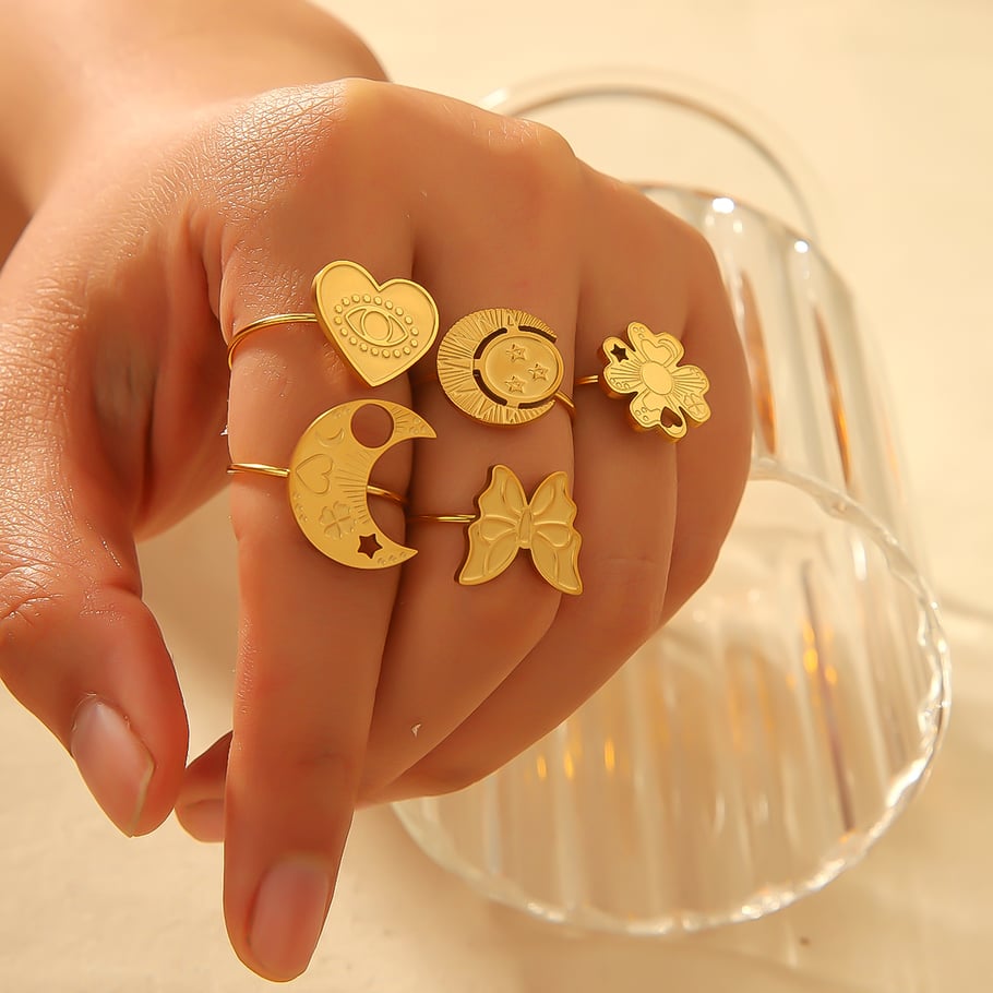 1 piece of classic fashion 18k gold-plated stainless steel butterfly love heart-shaped adjustable ring for women's jewelry for daily wear 