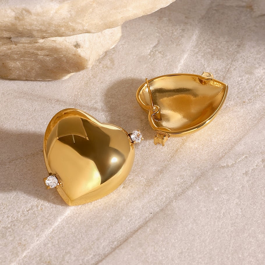 1 Pair Simple Series Casual Heart Stainless Steel 18K Gold Plated Rhinestone Women Stud Earrings 