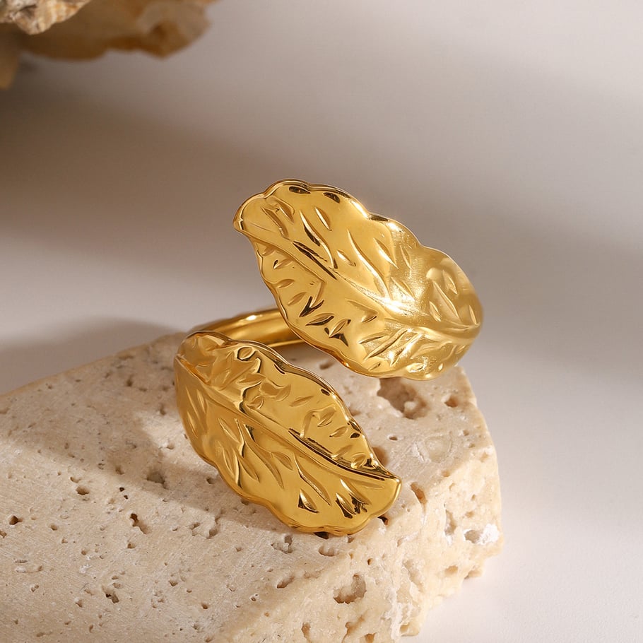 1 Pair Classic Series Classic Plant Stainless Steel 18K Gold Plated Women Adjustable Rings 