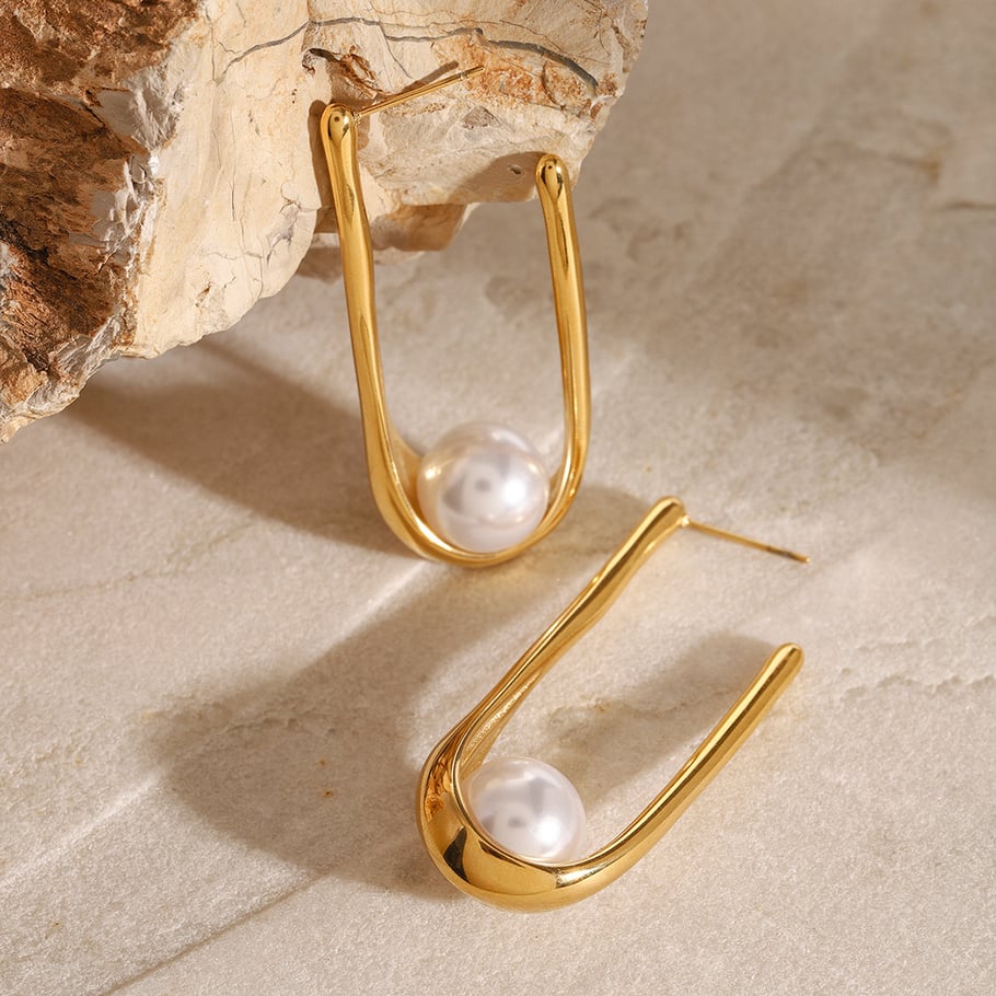1 Pair Simple Series Casual Letter Stainless Steel 18K Gold Plated Artificial Pearl Women Hoop Earrings 