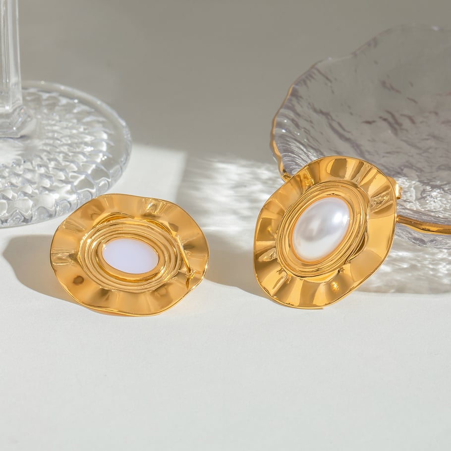 1 Pair Classic Series Retro Geometric Stainless Steel 18K Gold Plated Women Stud Earrings 