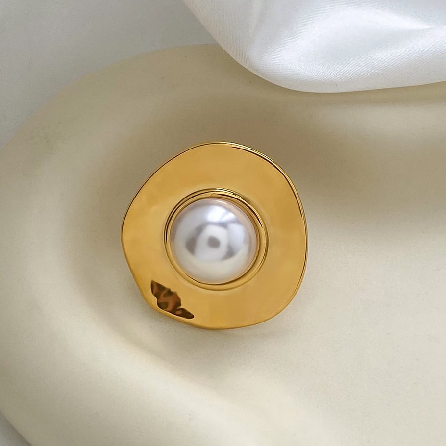 1 pair simple series retro geometric stainless steel gold plated artificial pearl women adjustable rings