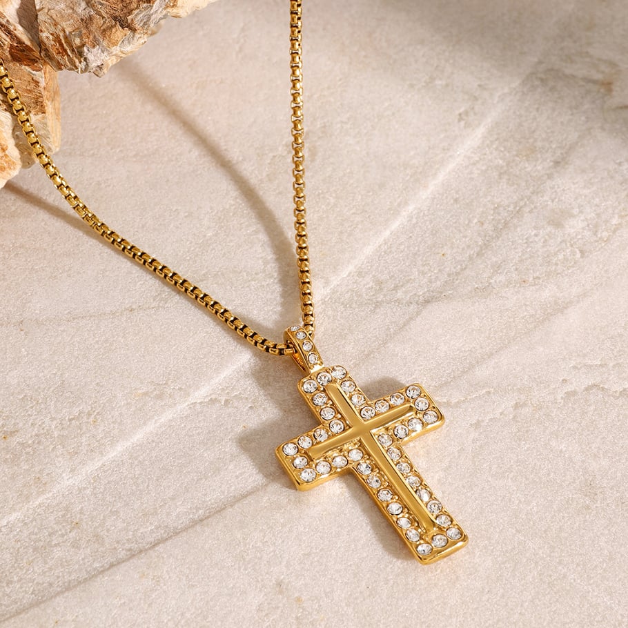 1 Piece Ethnic Series Classic Cross Stainless Steel 18K Gold Plated Zircon Women Pendant Necklaces 